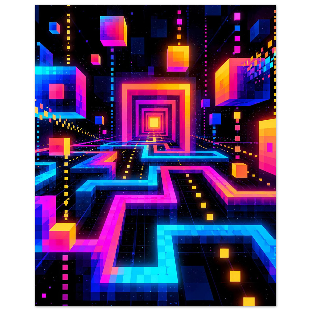 Neon-Sci‑Fi-Poster mit tiefen Perspektivpfaden, vielen Kacheln und zentralem Portal