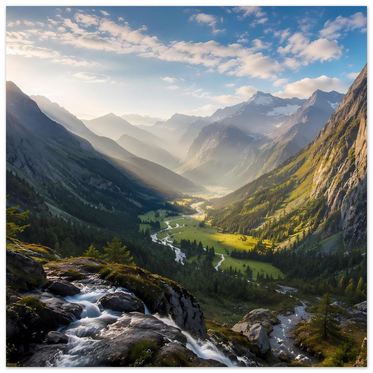 Poster mit Bergtal: Fluss und Felsstrom, gelb-grüne Wiesen zwischen hohen Bergen