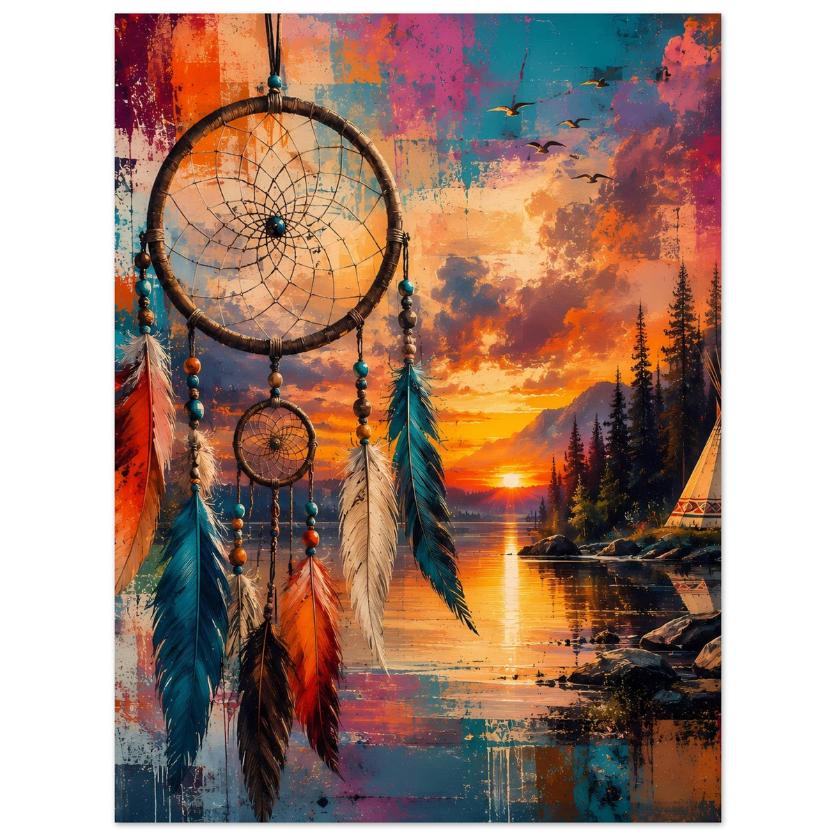 Hochformatiges Boho Traumfänger-Poster mit buntem Kreis, Federn und See bei Abendsonne