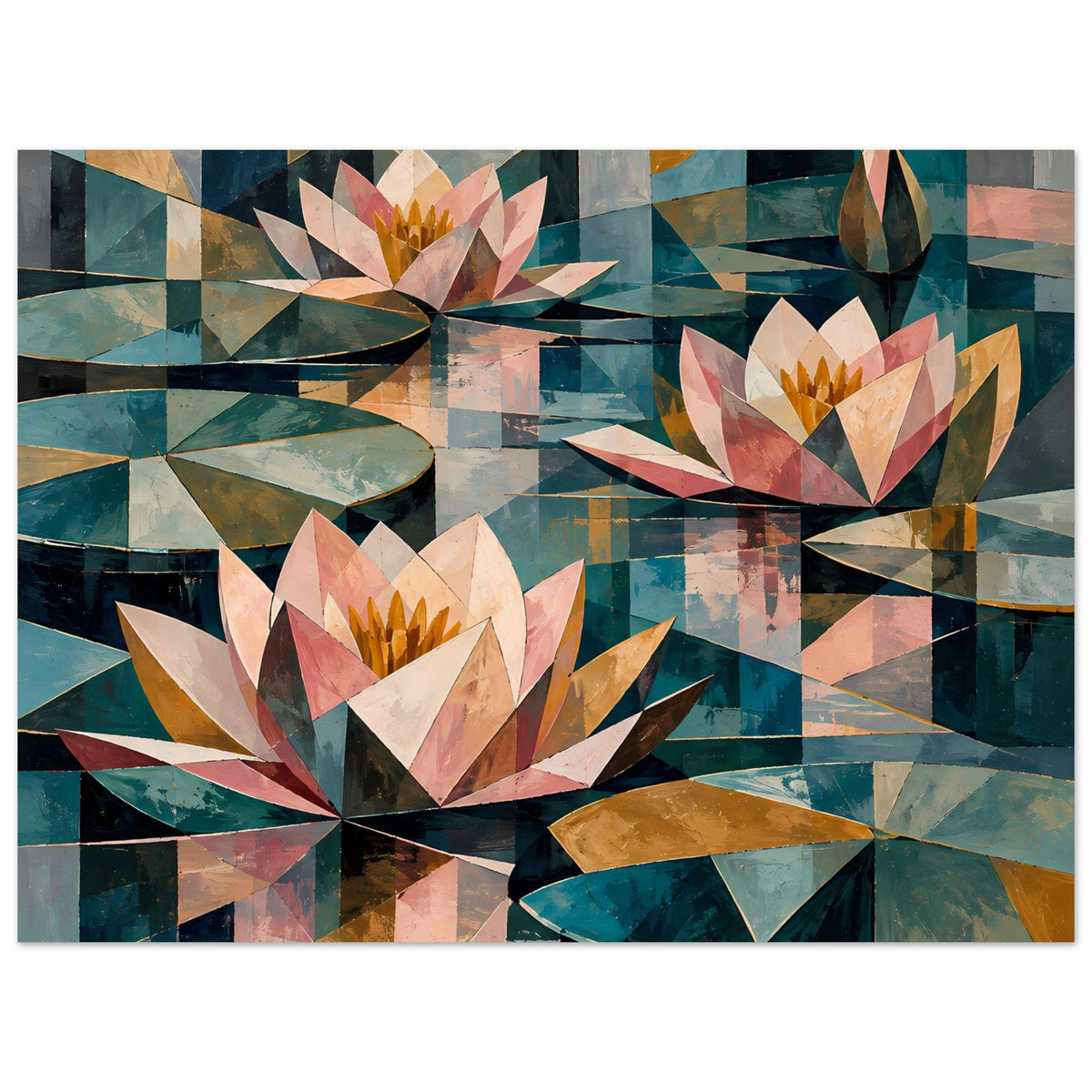 Geometrisches Blumenposter mit mehreren Seerosen und Tropfenformen, Pastell-Paletten in Petrol