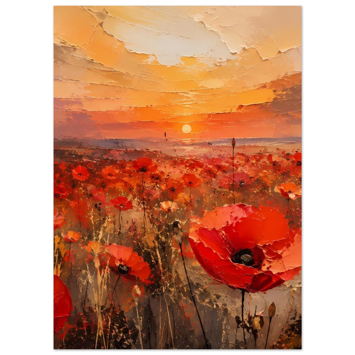 Poster mit rotem Mohnblumenfeld, orange Himmel mit leuchtender Sonne