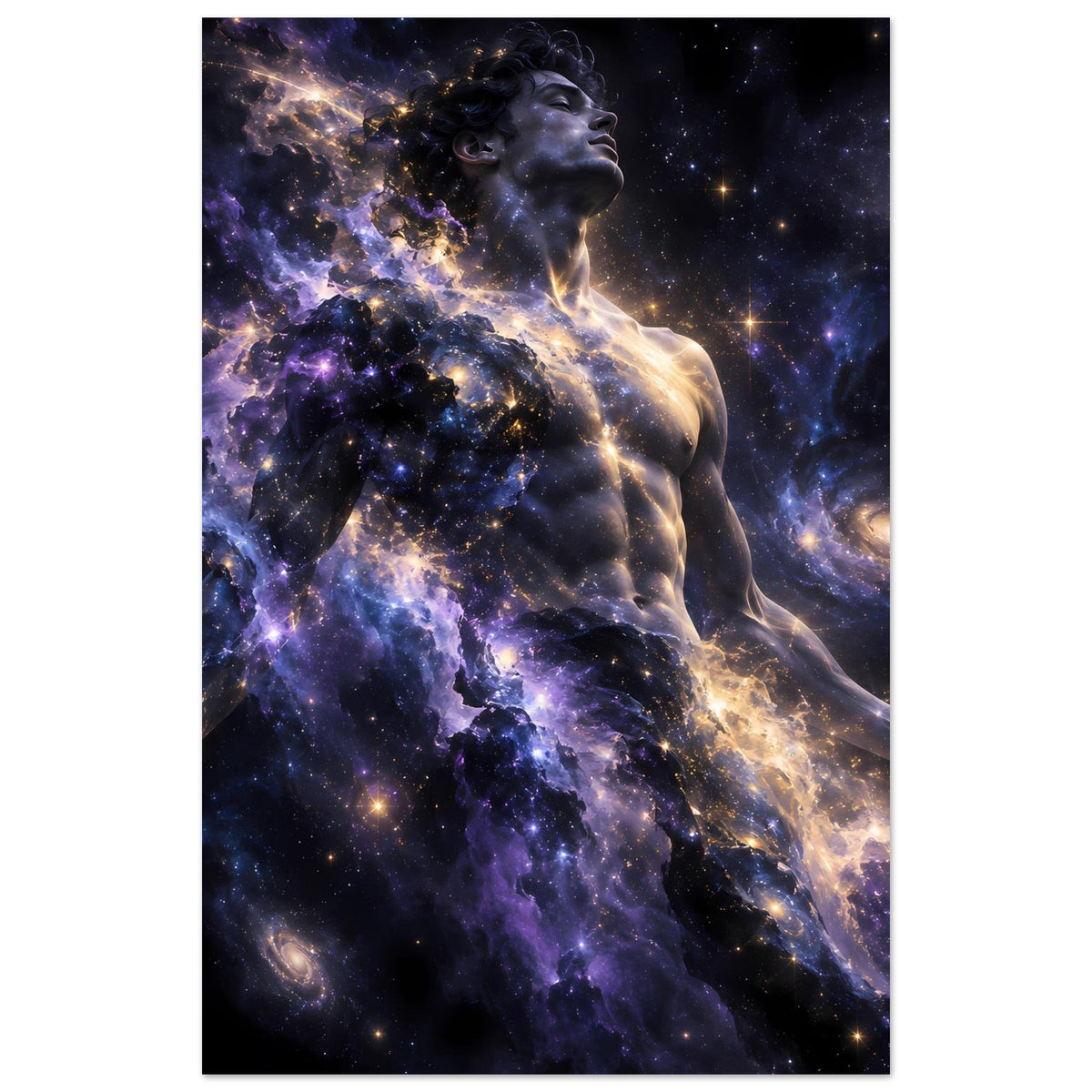 Vertikales Galaxienposter: Menschfigur halb sichtbar, violett-goldenes Sternenmeer, schwarzer Rand