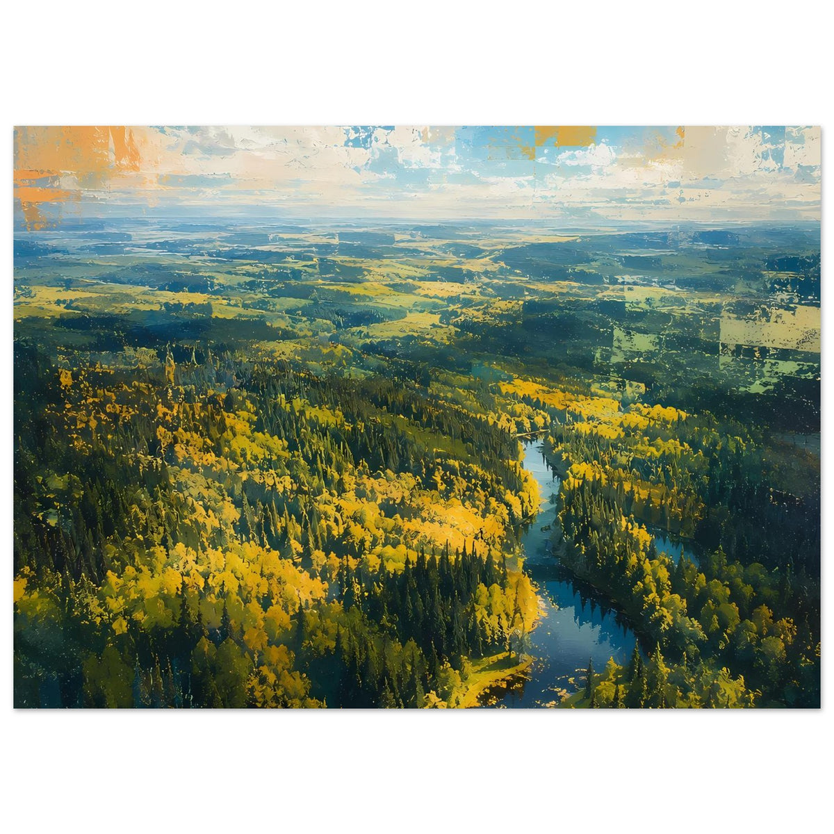 Poster im Hochformat mit Blick ins Tal: gelbe Baumkronen, grüner Wald und Flusslauf