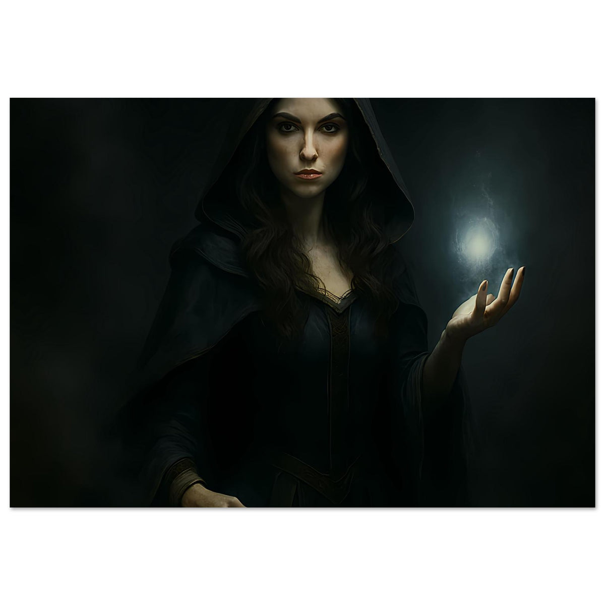 Fantasy-Poster: Hexe im Kapuzenumhang, erhobene Hand, Lichtkugel rechts