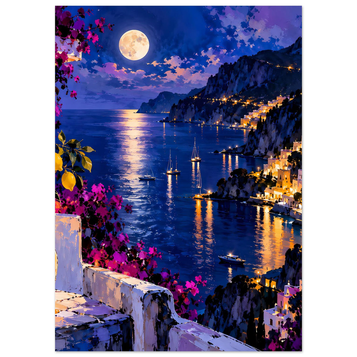 Mittelmeerküste bei Mondschein mit blühender Bougainvillea und Lichtern