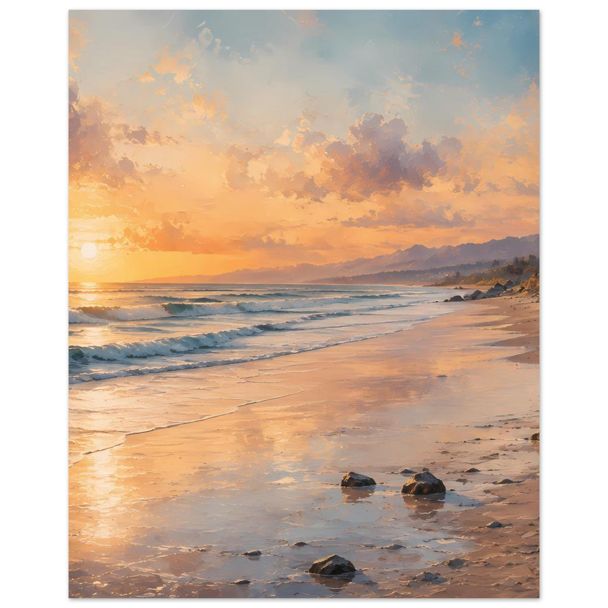 Strandposter im Querformat mit Sonnenuntergang, Brandung und Steinen im seichten Wasser