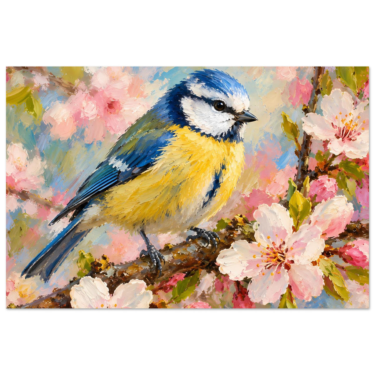Kunstdruck-Porträt: blauer und gelber Vogel auf Ast mit rosa Blüten, Querformat