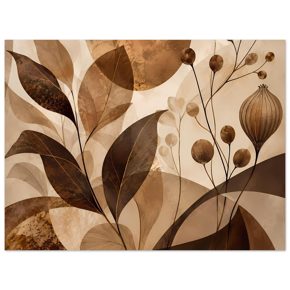 Blumenposter mit großen Blattformen und verzweigten Stielen, warmes Braun und Beige