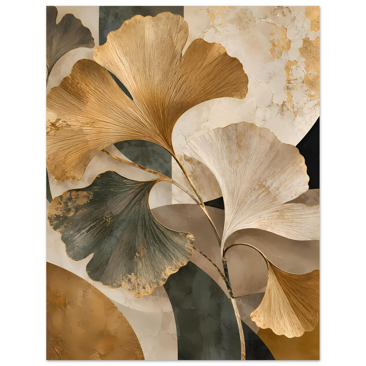 Botanisches Poster mit Ginkgo-Blättern in Gold, Creme und Dunkelgrün, elegante Blattkomposition