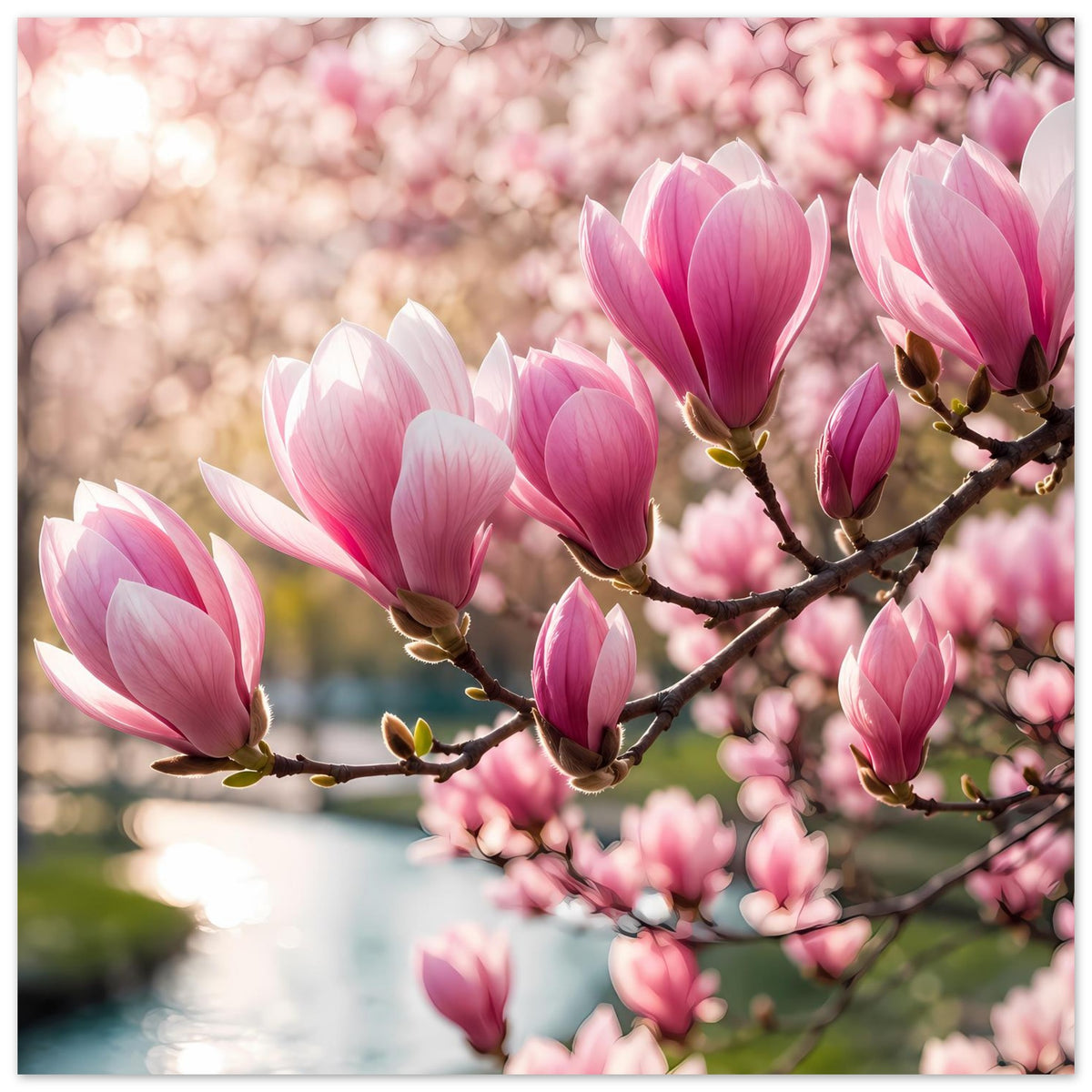 Blumenposter mit Magnolienblüten in Rosa und Weiß, Fokus auf Ästen und Blüten