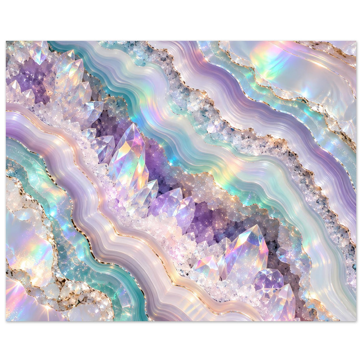 Holografisches Geode-Poster mit breiten pastellfarbenen Bändern, lila Kristalladern und schimmernden Körnern