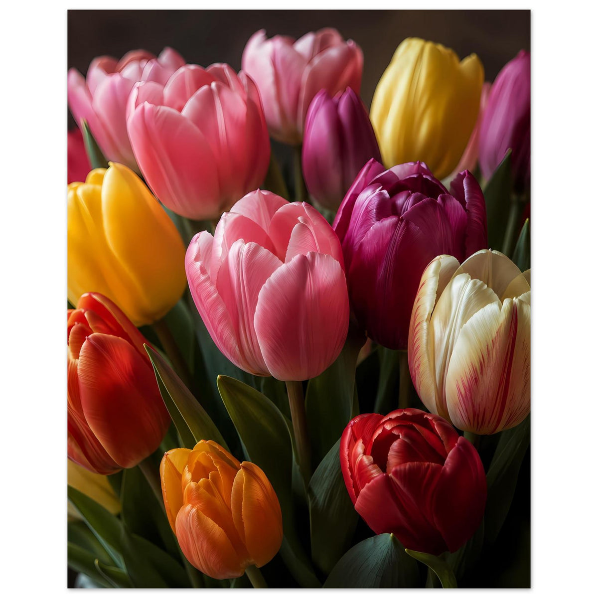 Poster mit Tulpenstrauß: pinke, lila, gelbe, rote und cremefarbene Blüten, Nahansicht