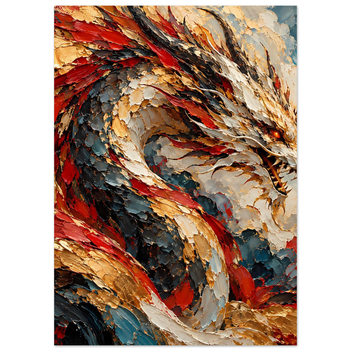 Fantasy-Poster: Drache mit ausgebreitetem Flügel, weiße, goldene und rote Farbakzente