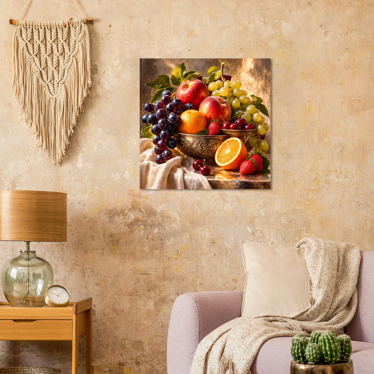 Gerahmtes Stillleben-Poster mit Obstschale und Tuch: Trauben, Früchte und Orangenstück.