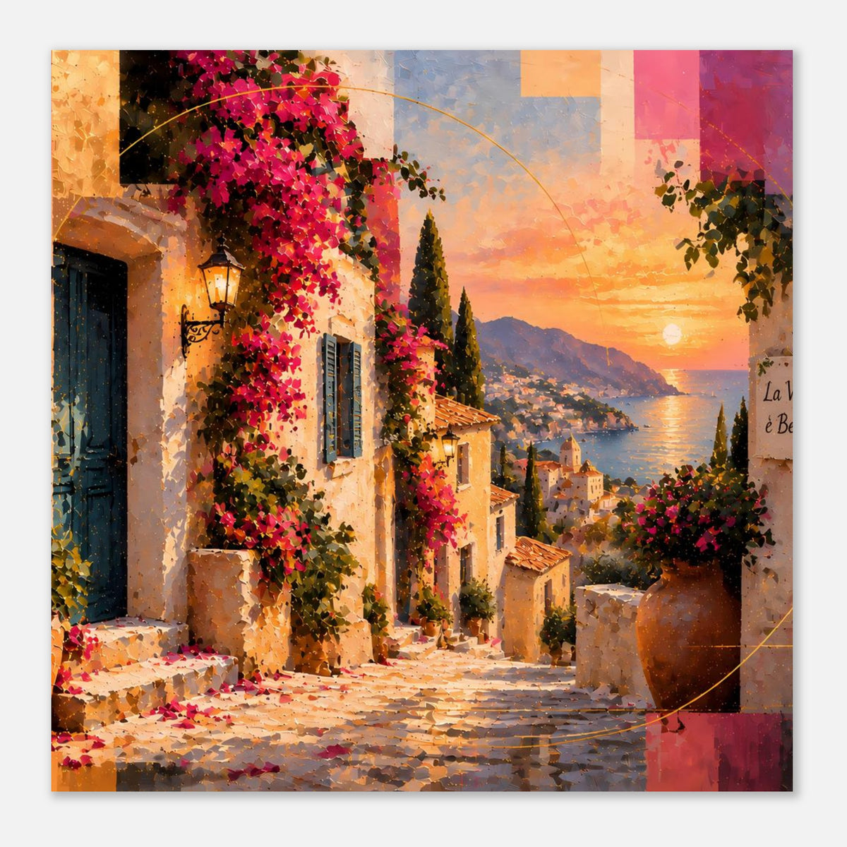 Poster mit mediterraner Straße, pinken Blüten und Bucht im Sonnenuntergang, matt