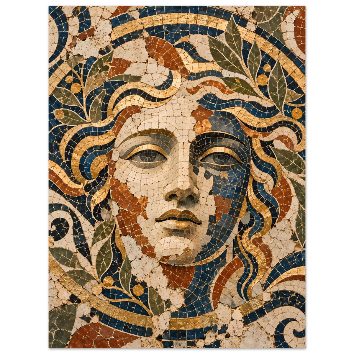 Hochformatiges Poster: Mosaik-Göttin mit Gesicht, goldenen, grünen und blauen Details