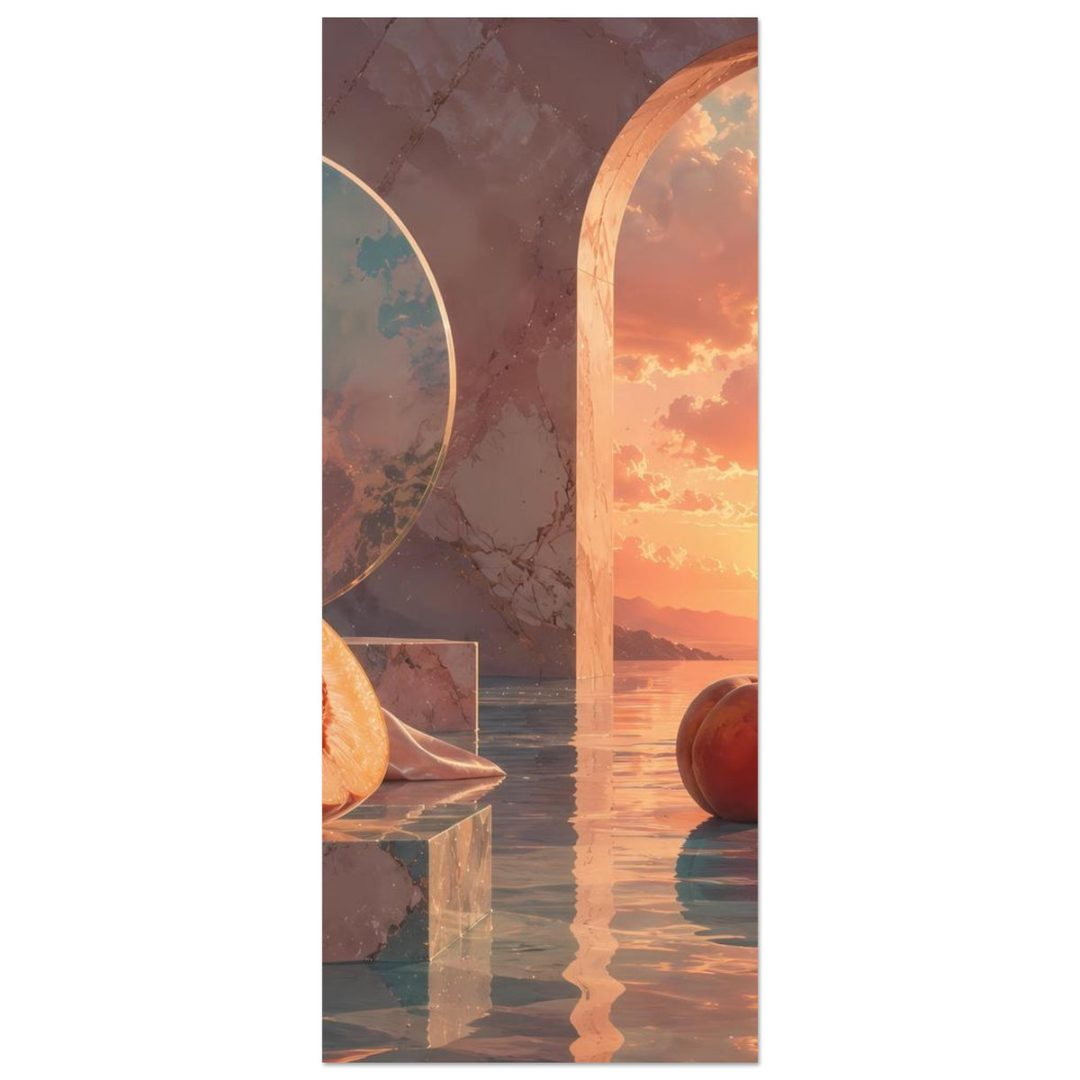 Poster-Ausschnitt: Pfirsich am Steinblock, Kreis-Bogen links und Sonnenuntergang rechts