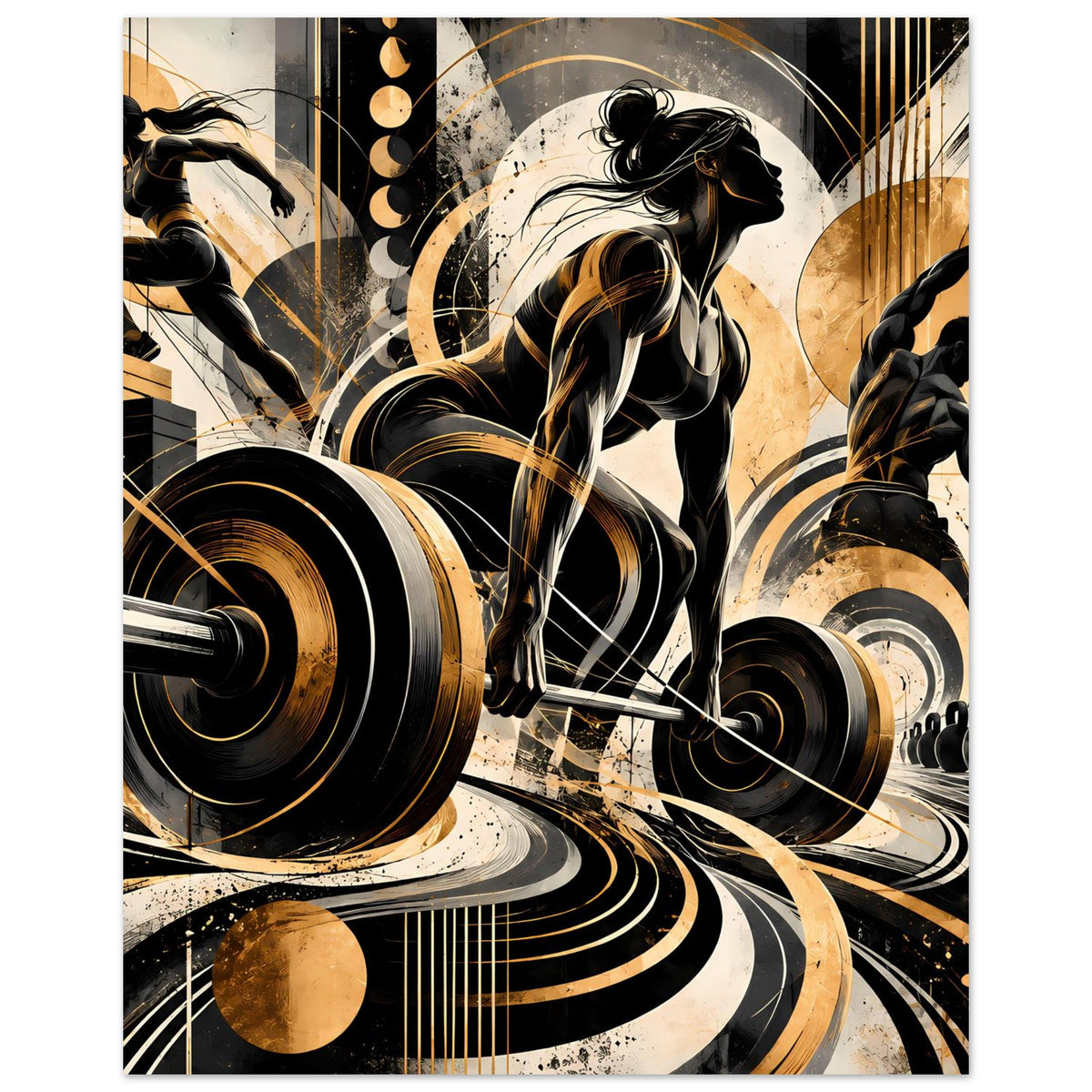 Fitness-Actionposter (Hochformat) mit Athletin beim Heben, große Hantelplatten, Gold/Schwarz