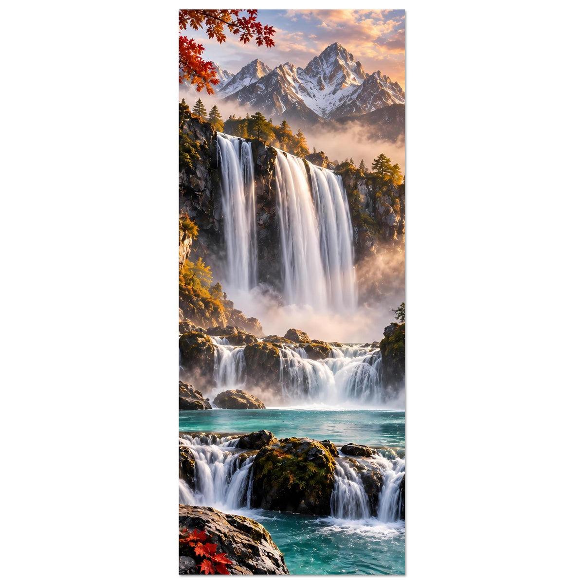 Hochformatiges Poster: Wasserfälle zwischen Felsen, türkisfarbener Fluss und Herbstwald vor Bergen