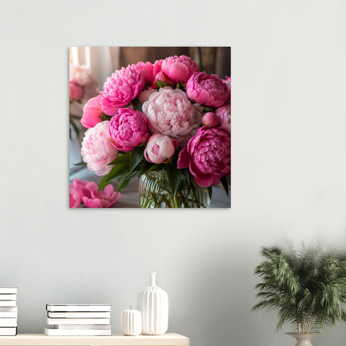 Quadratisches Poster mit dichtem Pink-Pfingstrosenstrauß in Vase, Close-up.