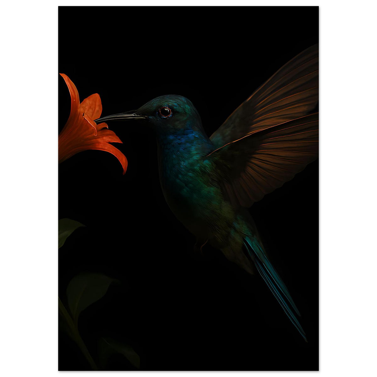 Vertikaler Posterprint: Kolibri am orangefarbener Lilienkopf, im Flug