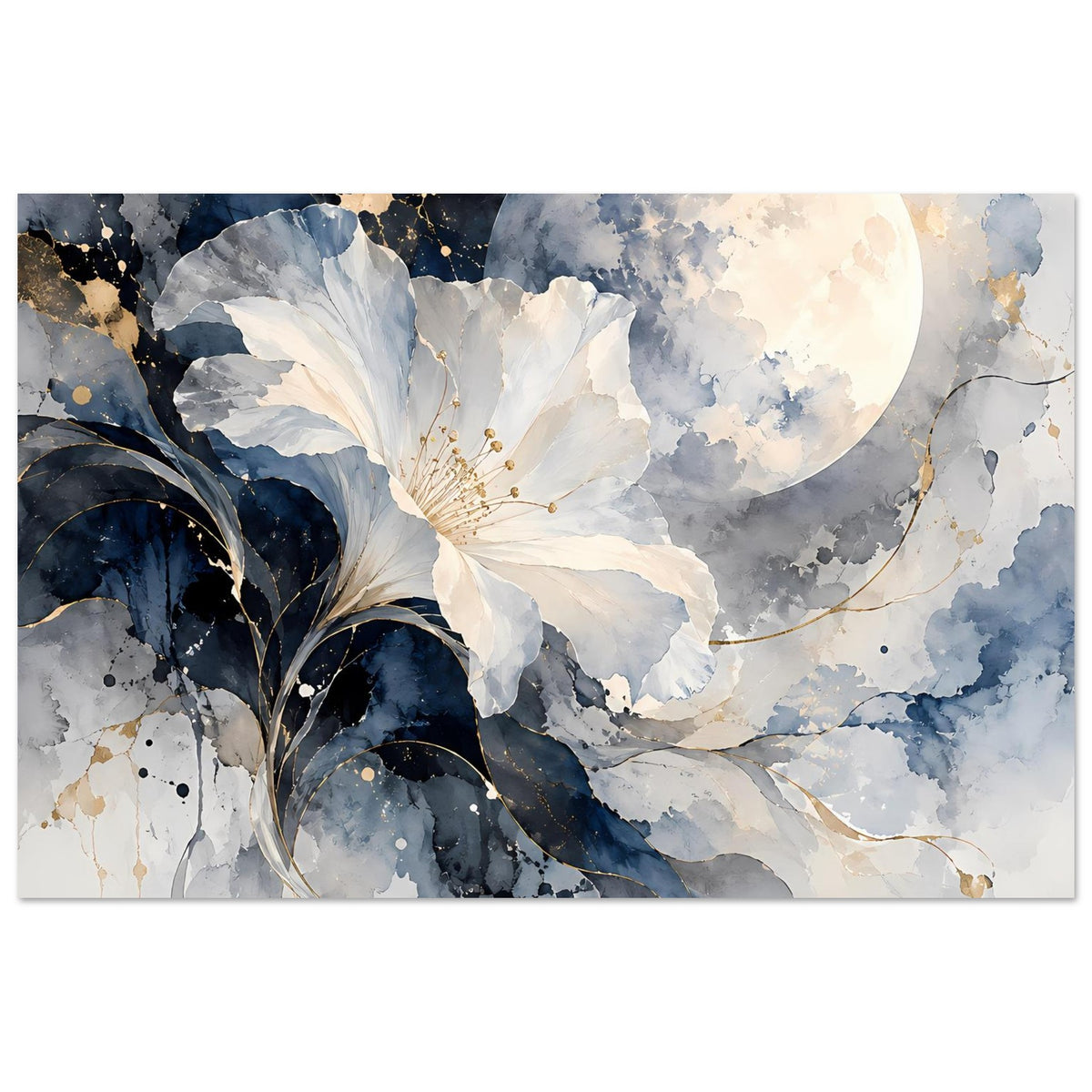 Poster mit Mondsichel, weißen Blüten und Aquarellwolken in Blau- und Goldtönen