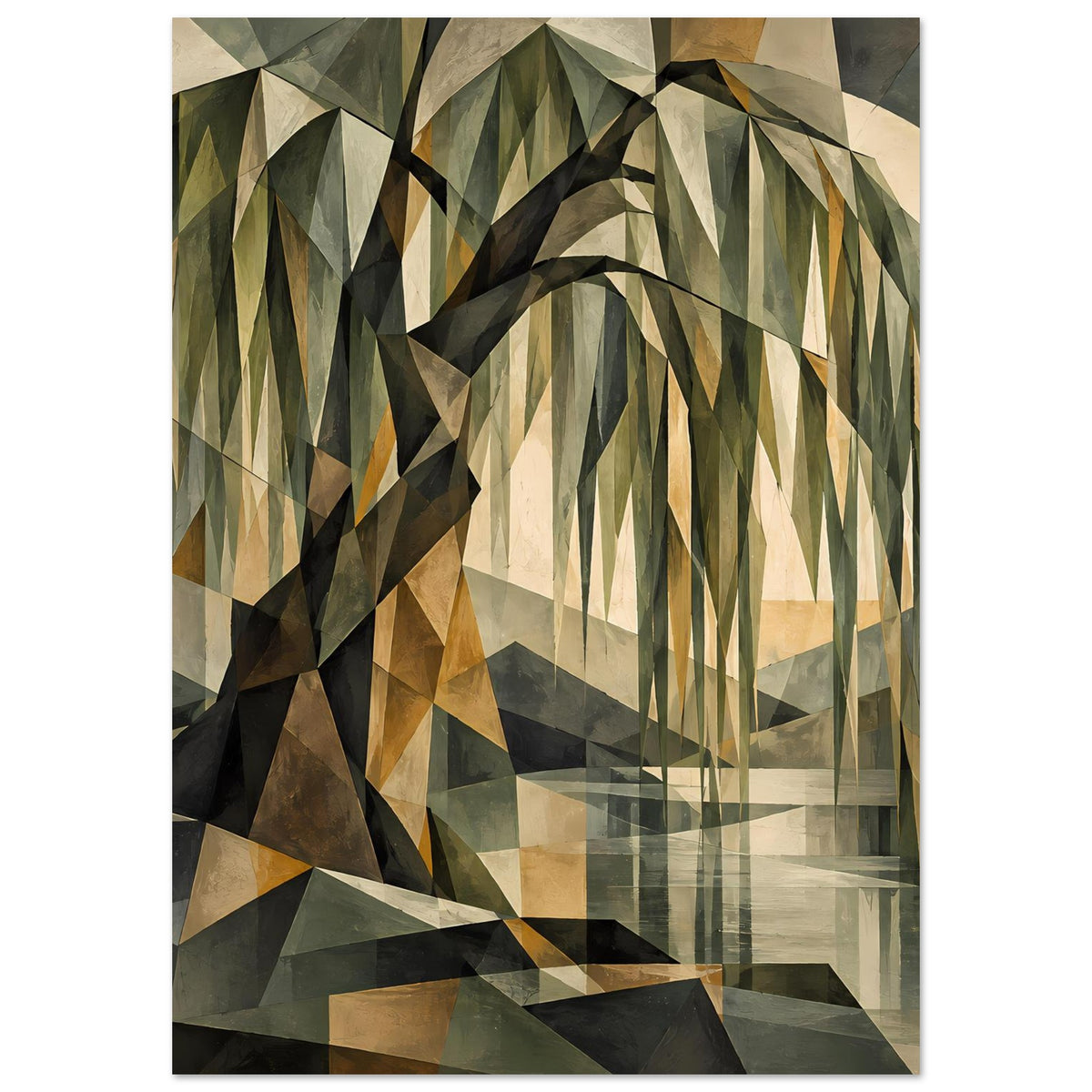 Wandposter im Hochformat mit facettiertem Baum, Grün-, Beige- und Brauntöne im Rahmen