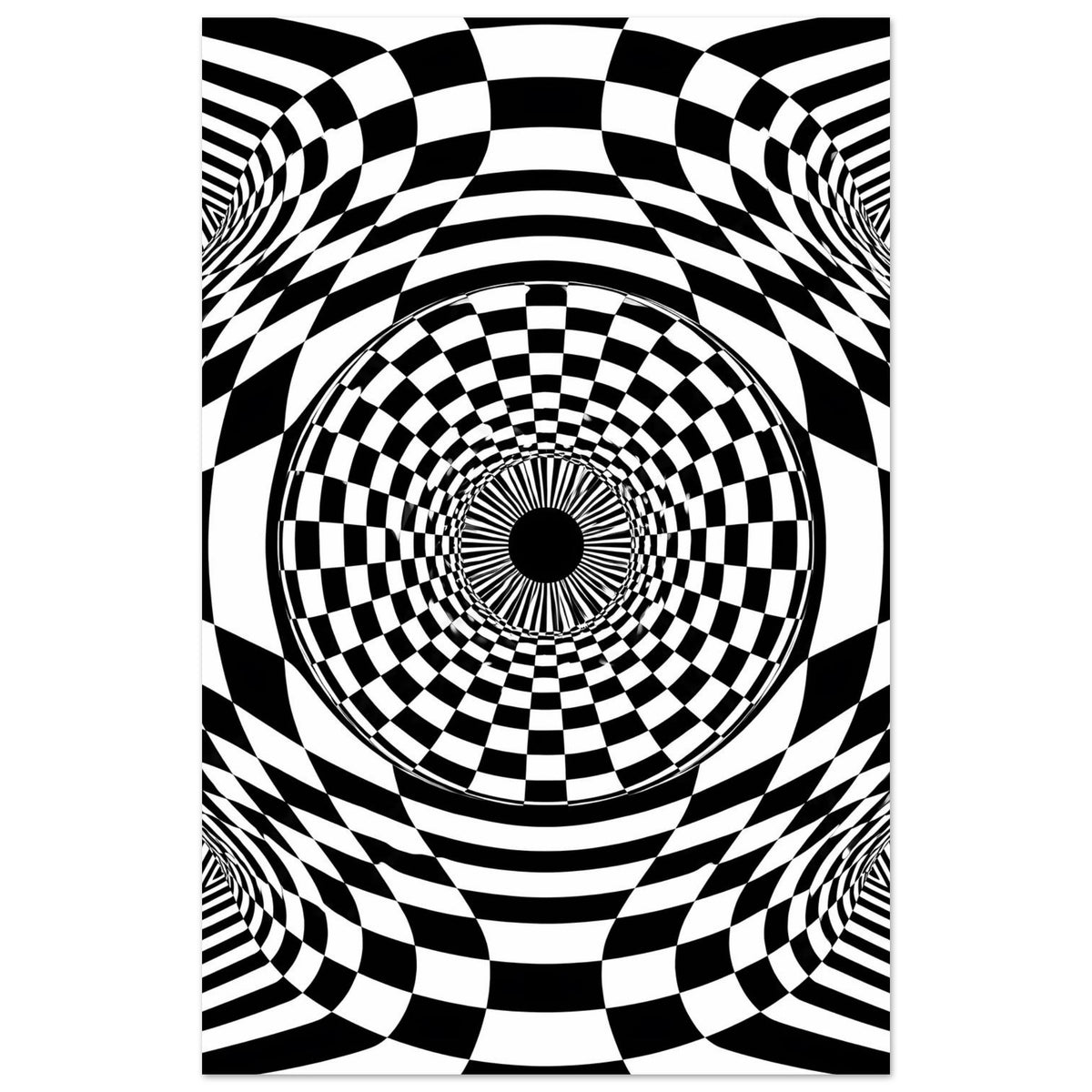 Poster im Hochformat mit schwarz-weißem Schachbrettspiral-Kreis und optischer Tiefenwirkung