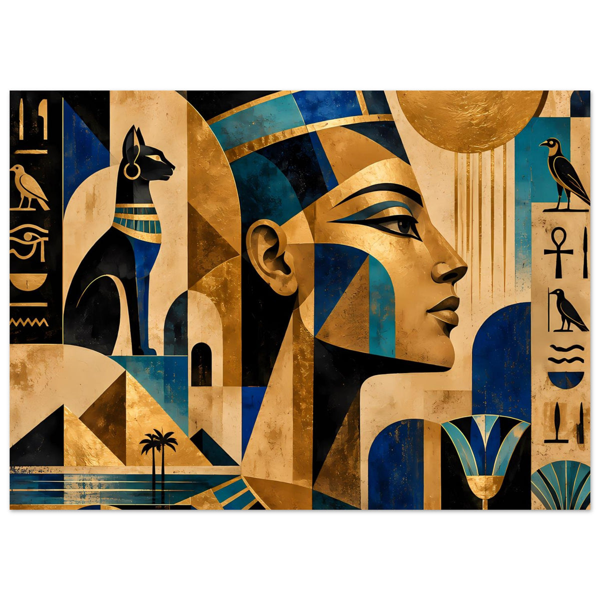 Ägyptisches Kunstposter, Panoramaformat, Profilbüste und Glyphen in Gold- und Blautönen