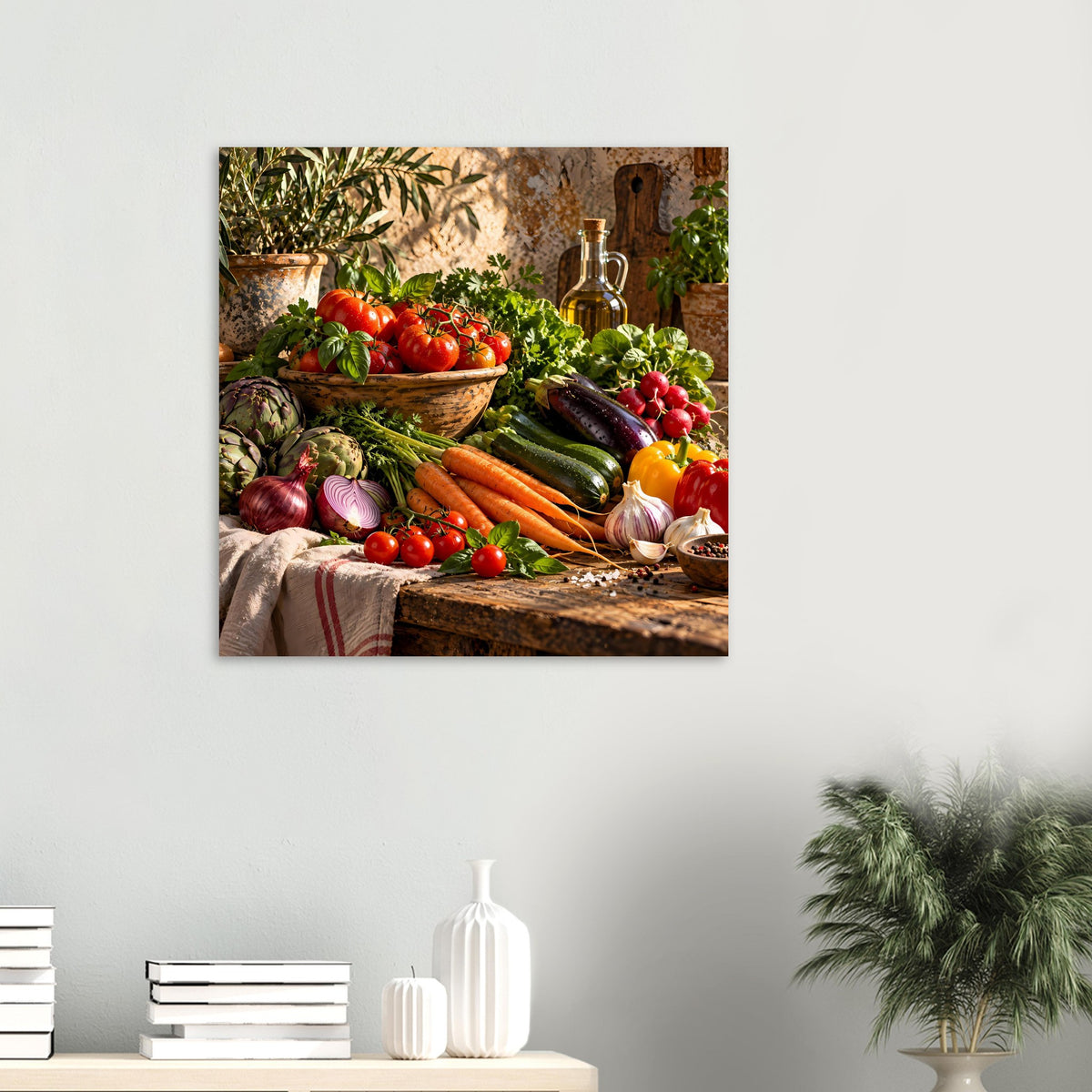 Kleines gerahmtes Küchenposter mit Gemüse und Kräutern, Tomaten, Knoblauch und Ölflasche