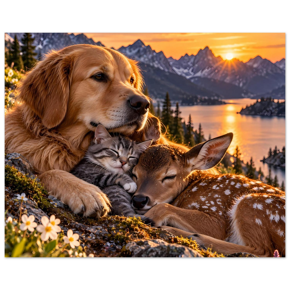 Poster mit Golden Retriever, Katze und Rehkalb im kuschelnden Nahmotiv