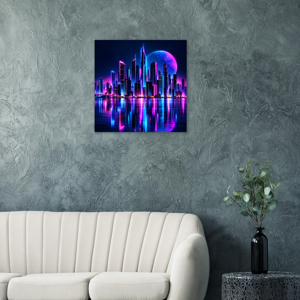 Neon-Stadtposter mit Skyline in Blau und Pink, umgeben von Reflexen im Wasser