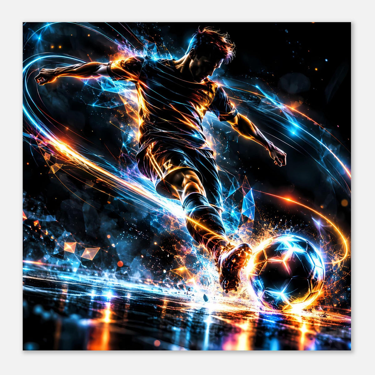 Neon-Fußball-Actionposter mit sprintendem Spieler und leuchtendem Ball, quadratisch
