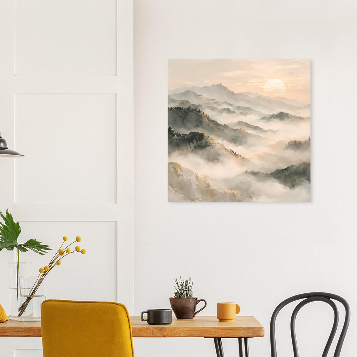 Bergposter mit nebliger Landschaft und heller Sonne, matt