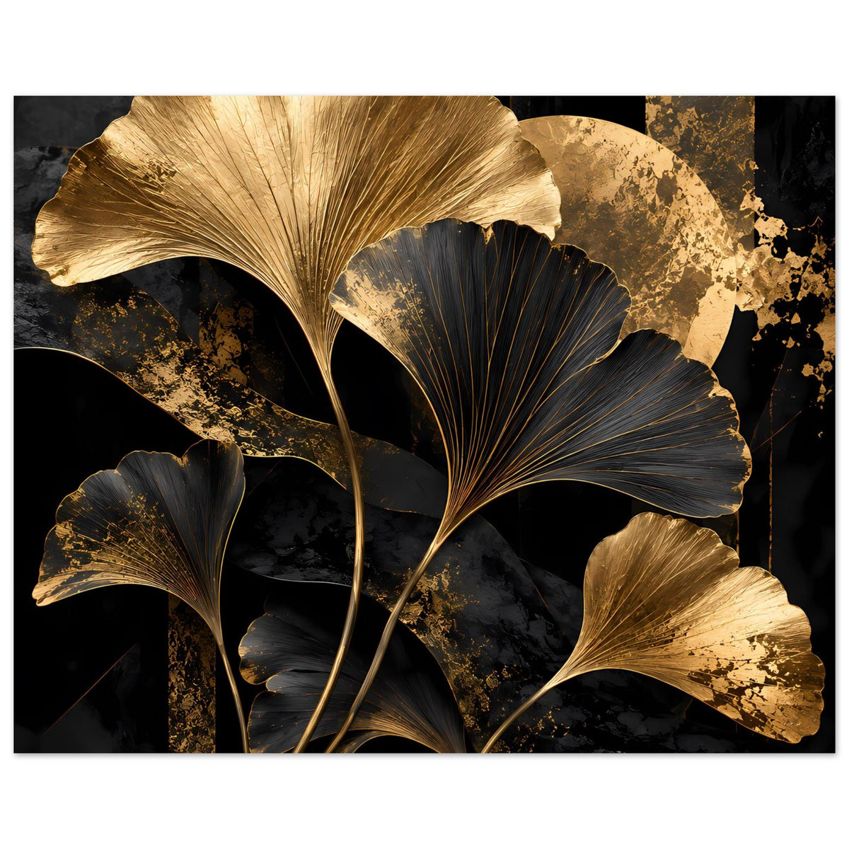 Botanisches Poster im Querformat mit goldenen und schwarzen Ginkgo-Blättern, goldene Sprenkel