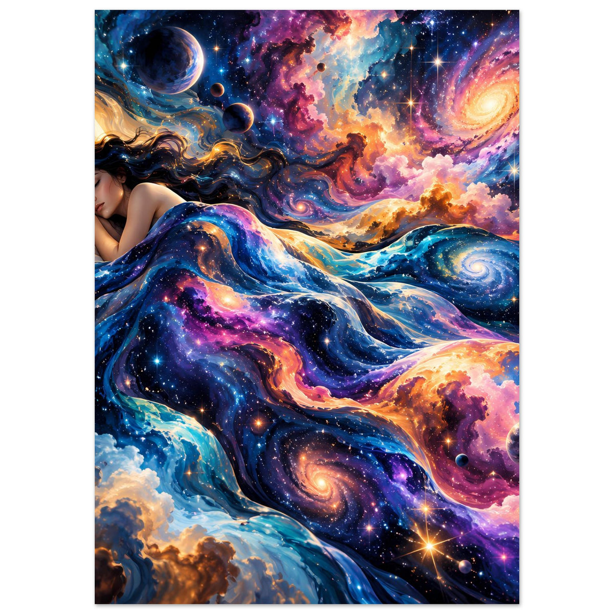 Galaxie-Poster Hochformat: liegende Frau im Universum, bunte Planeten und funkelnde Sterne.