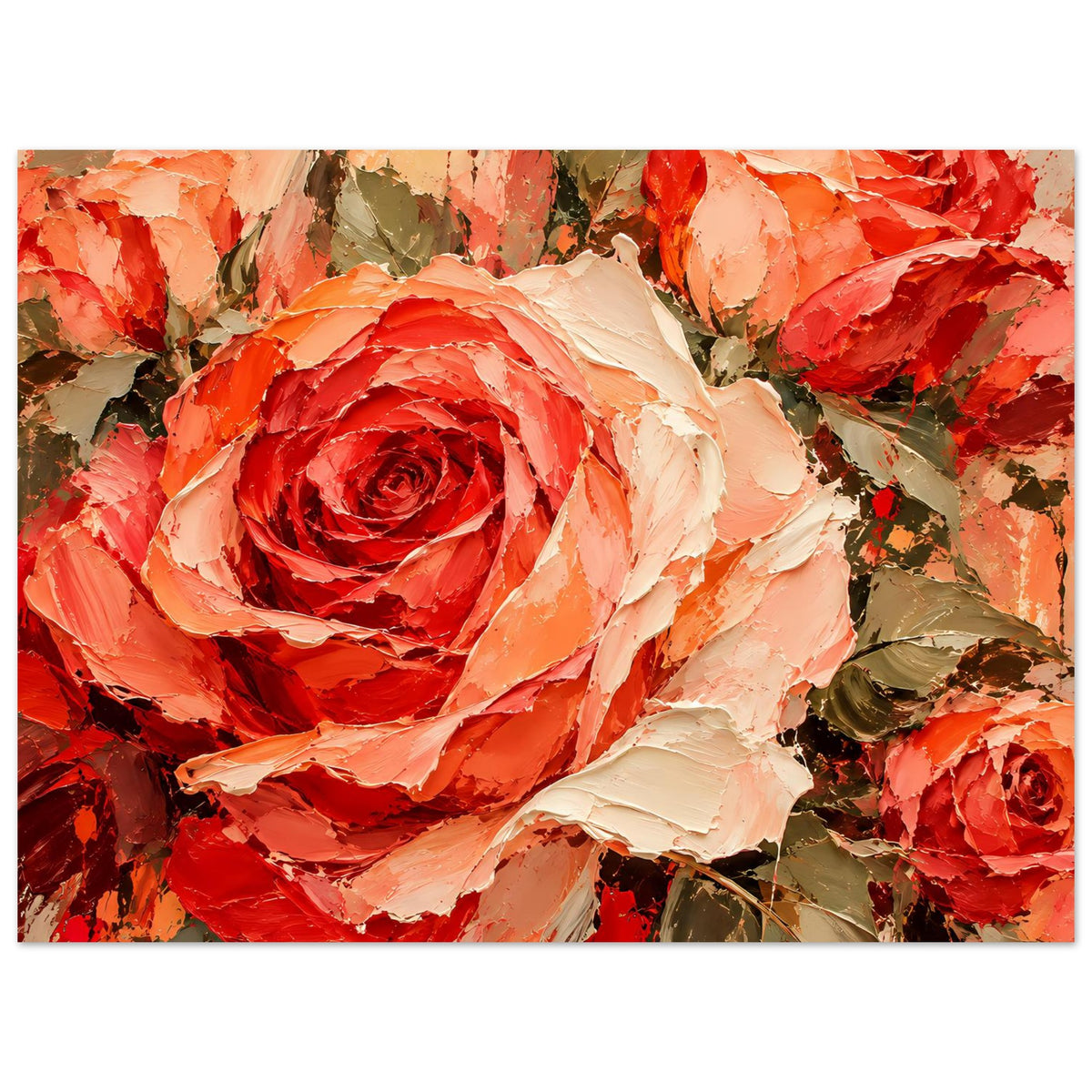 Horizontales Poster mit Rosenstrauß: große rote Rose, cremefarbene Blüten, grüne Blätter.