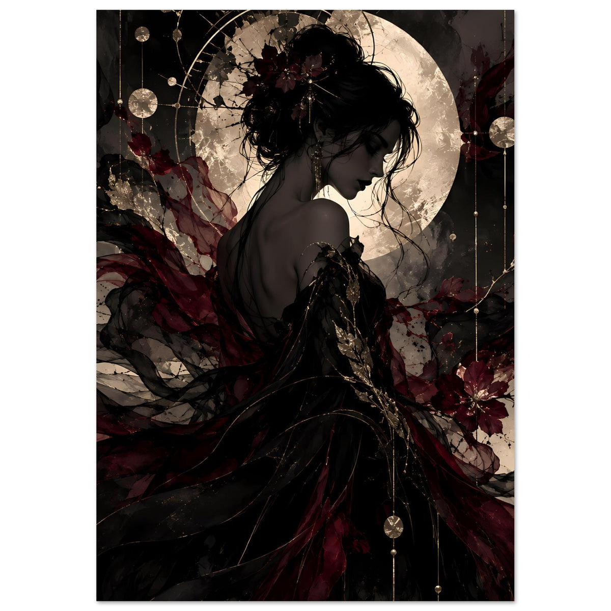 Poster mit seitlicher Frauensilhouette, schwarzer Schleier, Mond und goldene Tropfenketten