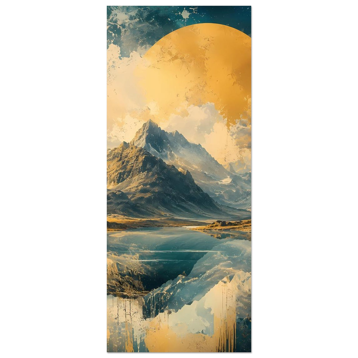 Gerahmtes Hochformat-Poster mit Berglandschaft, großer goldener Sonnenscheibe, Blau-Goldtöne