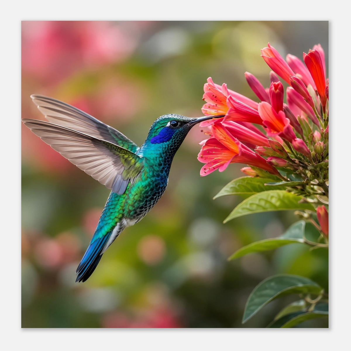 Gerahmtes Naturposter mit türkisblauem Kolibri vor rosa Blüten