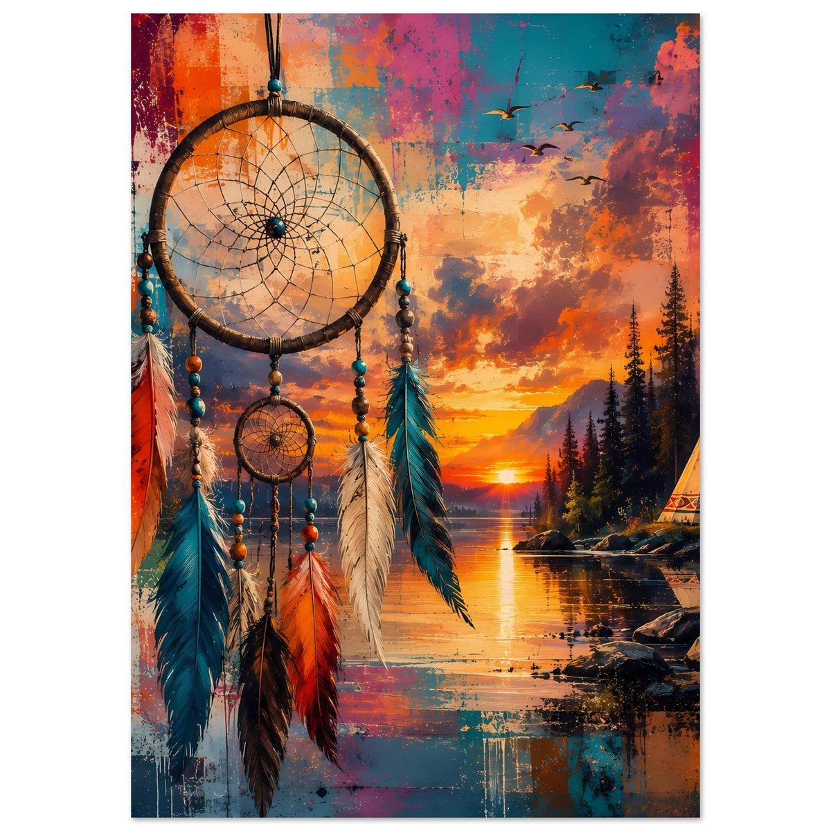 Boho-Poster mit Traumfänger und bunten Federn, orangefarbener Himmel und Seeufer
