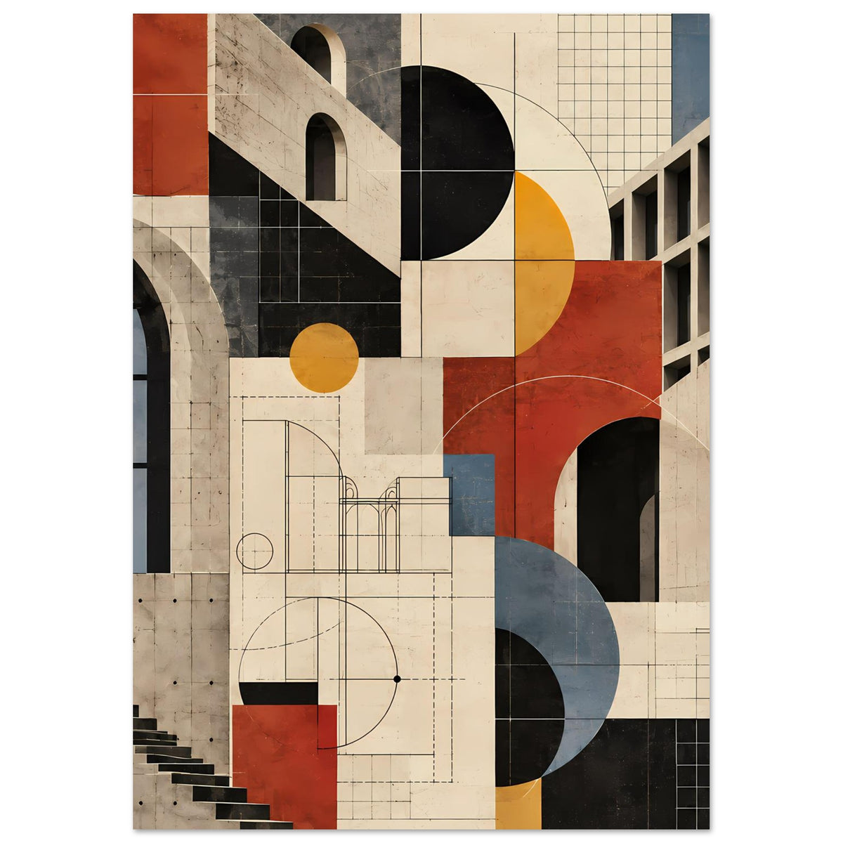 Kunstposter, vertikale Ansicht: geometrische Architektur mit Rundbögen in Terrakotta und Blau