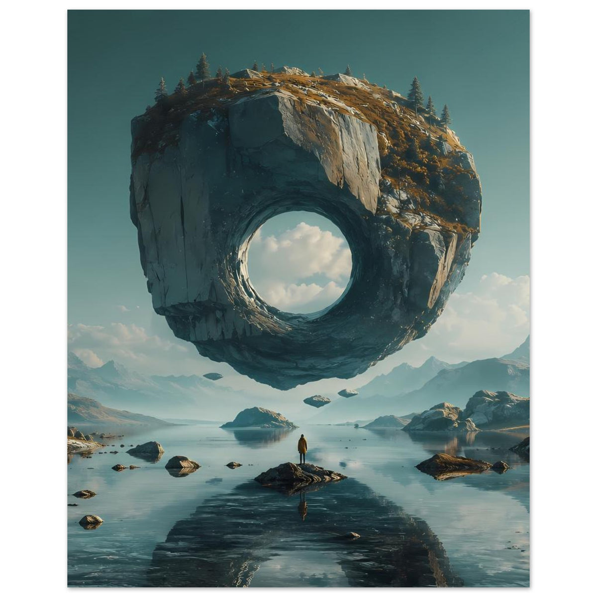 Surreales Poster: schwebender Felsring über weiter Wasserfläche und Bergkulisse