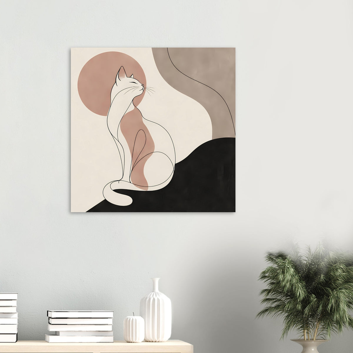 Kunstposter mit Katzen-Silhouette: weiße Katze, rosafarbener Hintergrundkreis, schwarzer Bereich unten