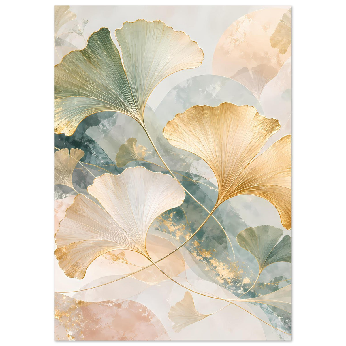 Hochformat-Poster mit Ginkgo-Blättern in Gold, Türkis und Creme, zarte Adernlinien
