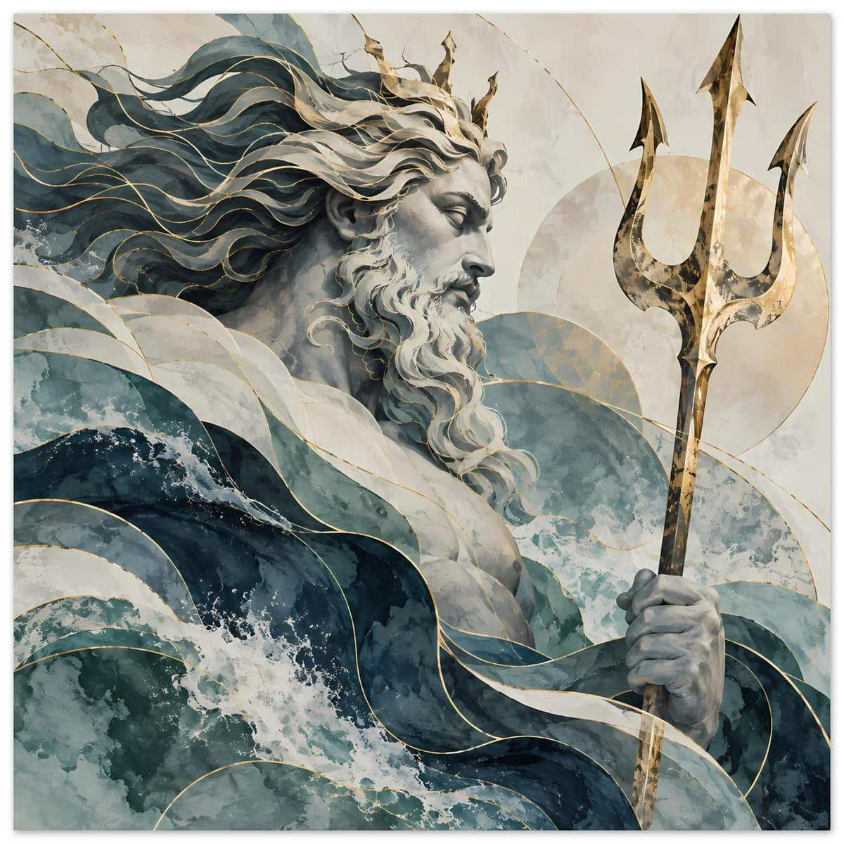 Wandkunst-Poster mit Poseidon, Dreizack und Wasserwellen in Blaugrün mit goldenen Details
