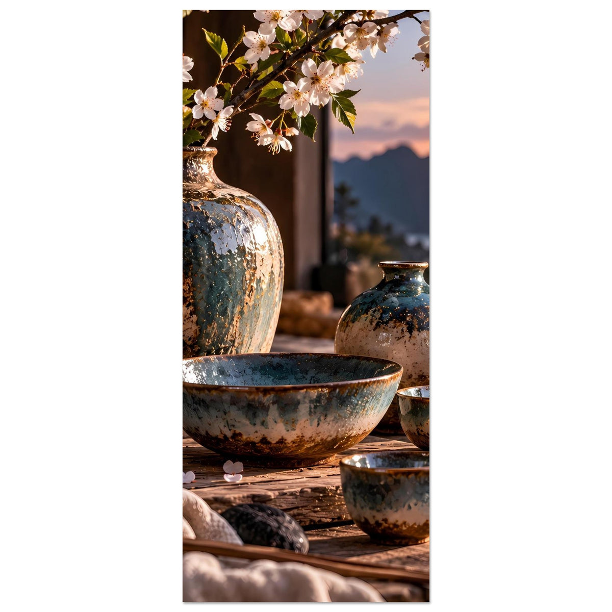 Hochkant-Poster mit japanischer Keramik: Kirschblüten an Vase und dunkle Schalen