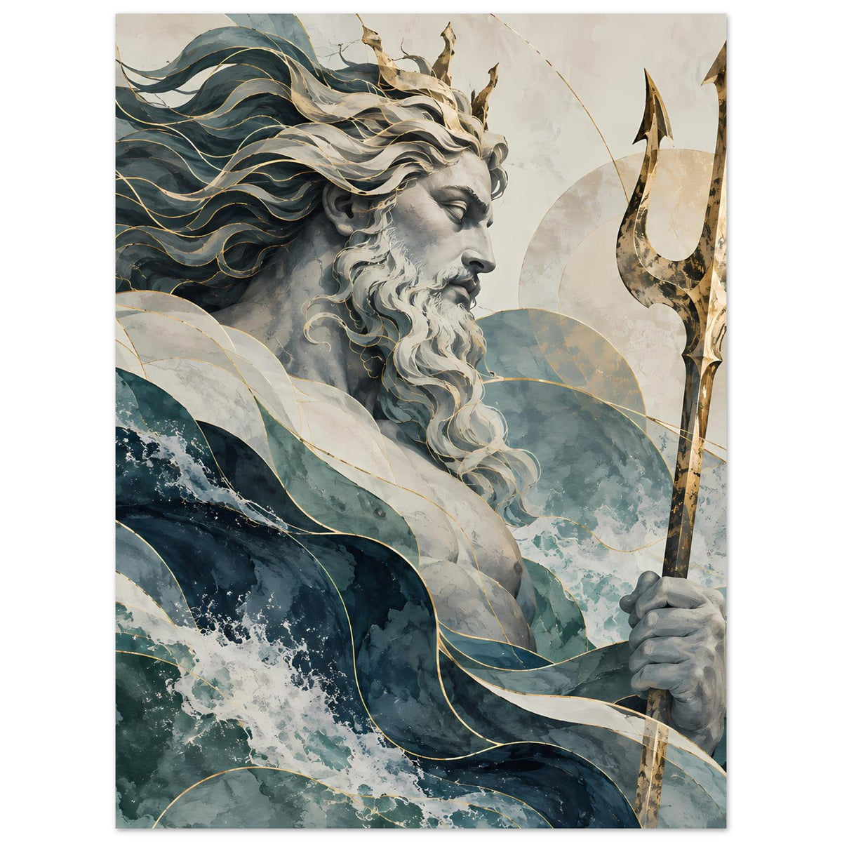 Wandkunst-Poster mit Poseidon, Dreizack in der Hand, Wellen und goldene Farbakzente
