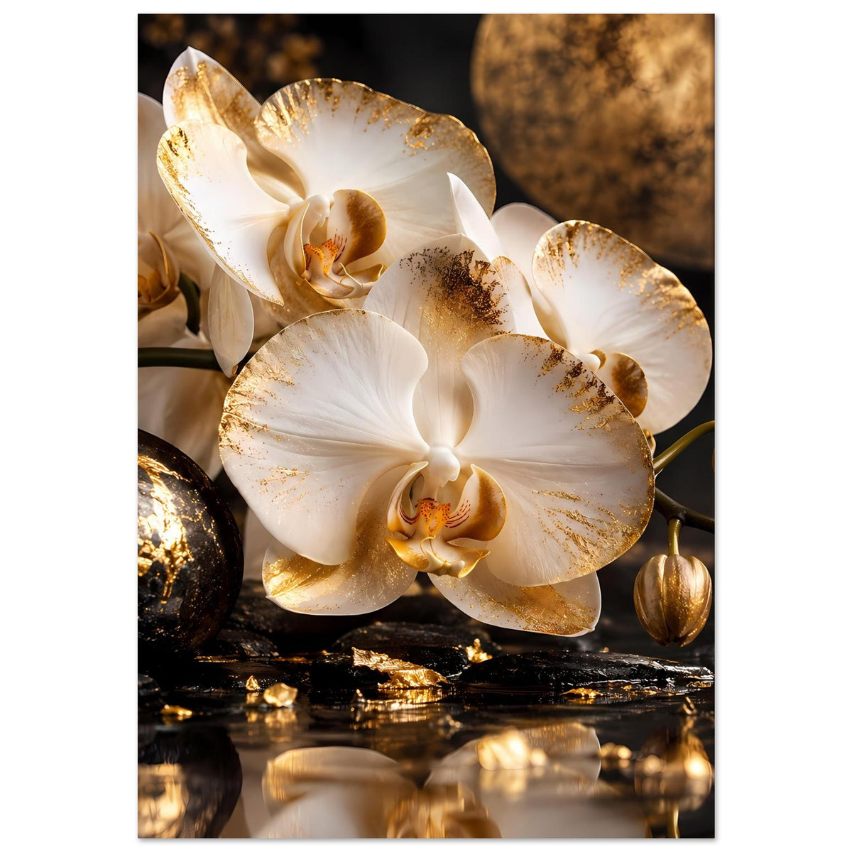 Orchideen-Poster mit weißen Orchideenblüten und gold gesprenkelten Blatträndern