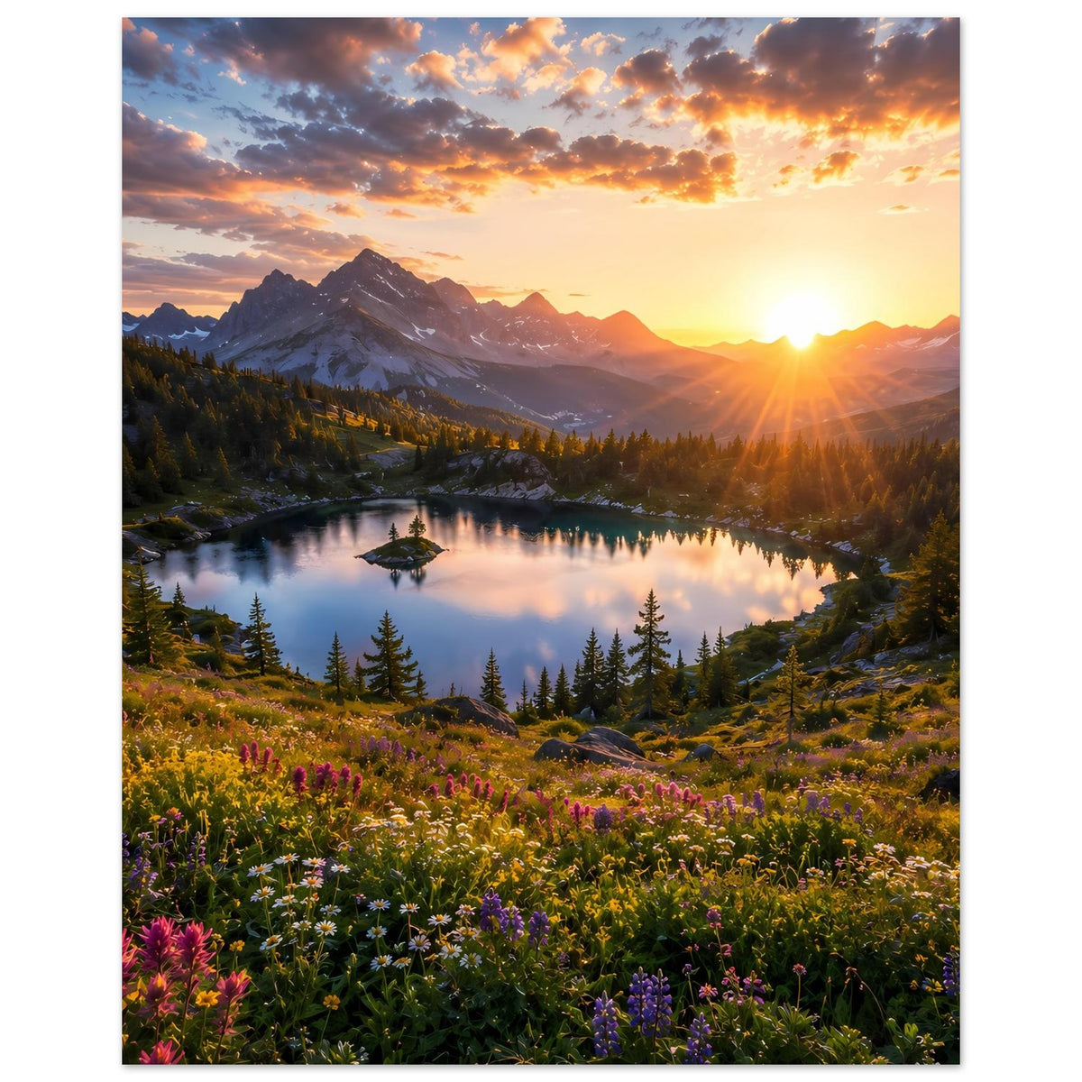 Gerahmtes Poster im Hochformat: Bergsee bei Sonnenuntergang mit bunten Wildblumen.